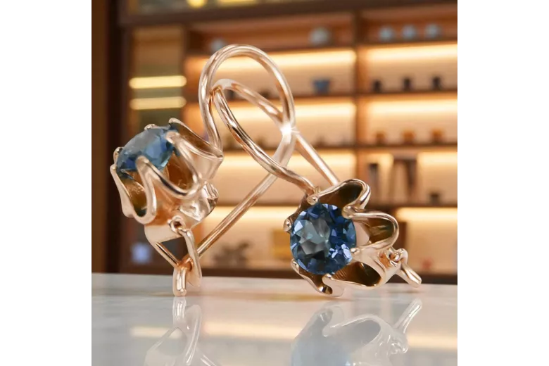 Oro rojo rosa de 14 quilates 14k 583 Aquamarine pendientes vec013 Ruso Soviético URSS Artesanía vintage Art Deco style